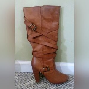 Georgia Boot Tan Strappy Buckle Heeled Mid-Calf Boots